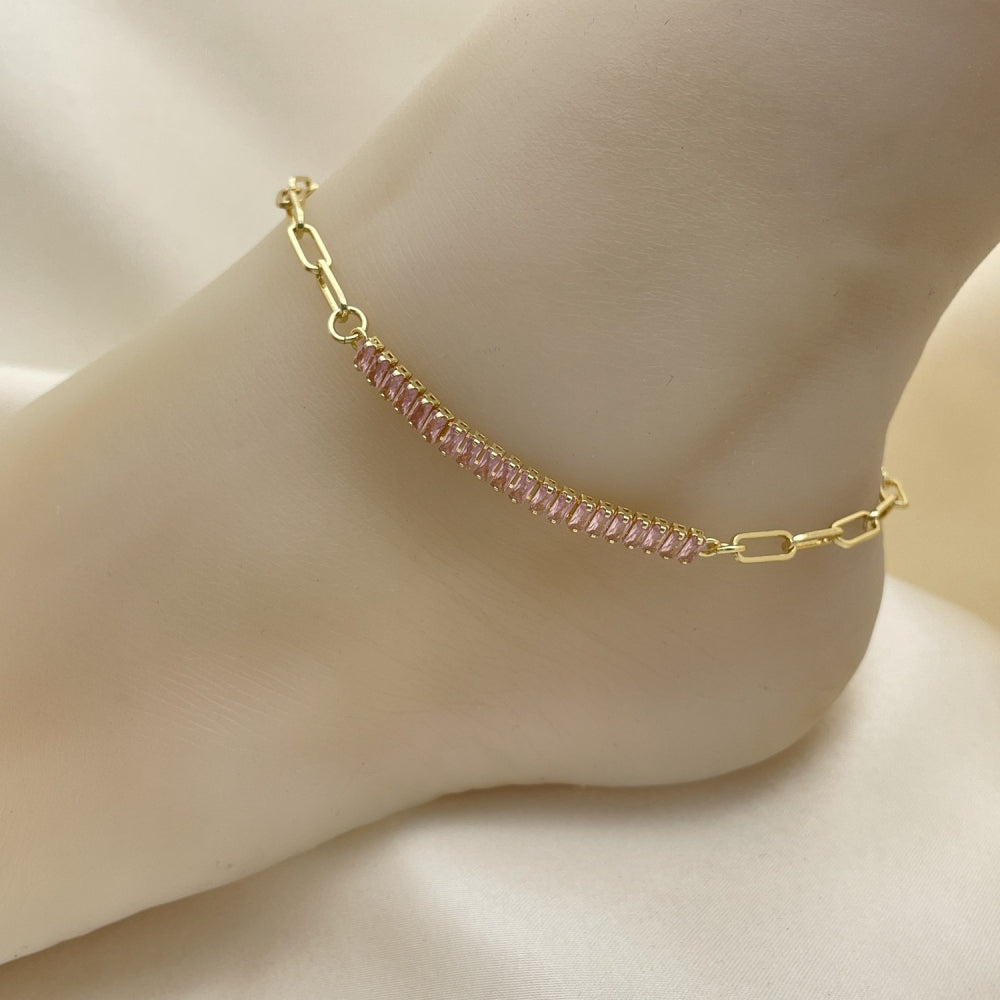 Oro Laminado Fancy Anklet, Gold Filled Style Paperclip and Baguette Design, with Pink Cubic Zirconia, Polished, Golden Finish