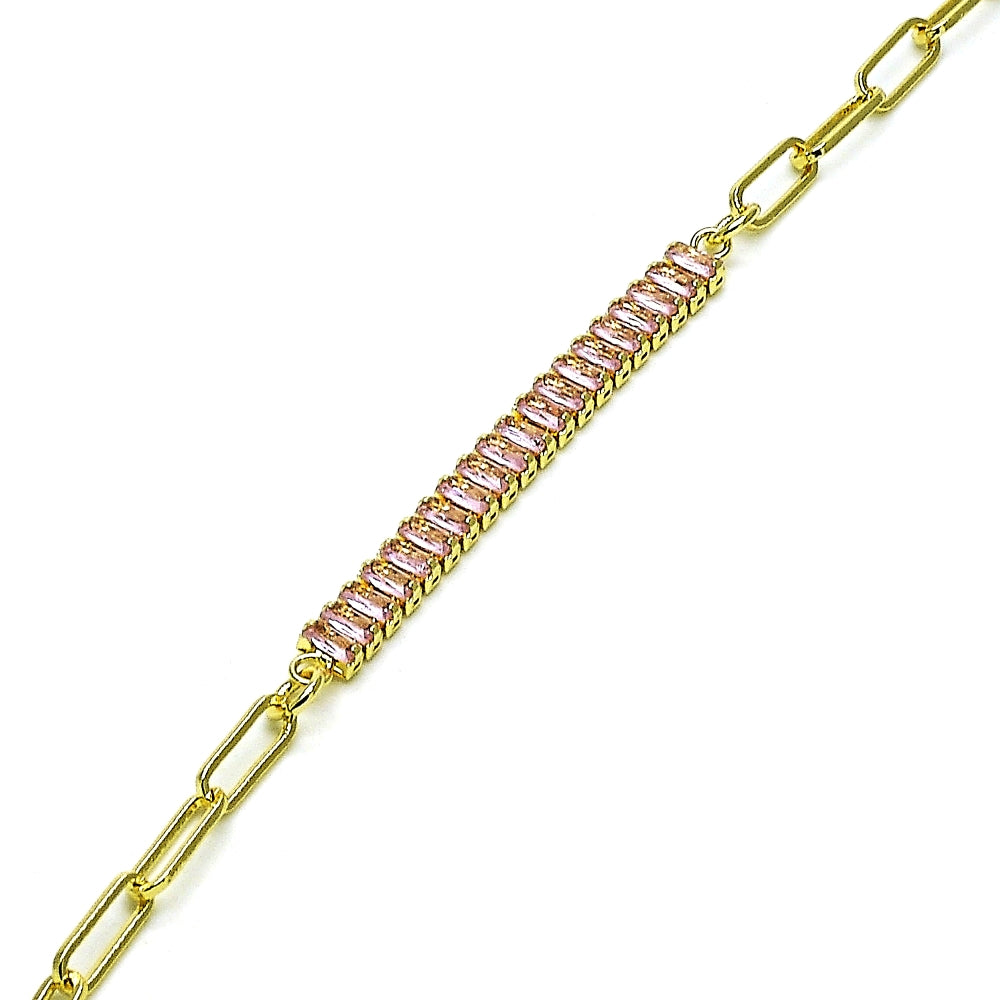 Oro Laminado Fancy Anklet, Gold Filled Style Paperclip and Baguette Design, with Pink Cubic Zirconia, Polished, Golden Finish