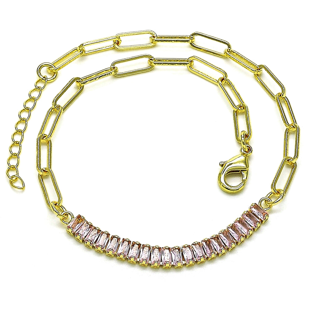 Oro Laminado Fancy Anklet, Gold Filled Style Paperclip and Baguette Design, with Pink Cubic Zirconia, Polished, Golden Finish