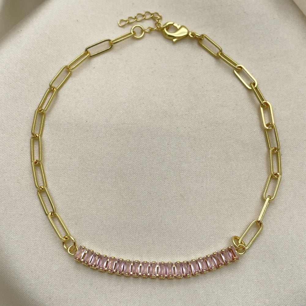Oro Laminado Fancy Anklet, Gold Filled Style Paperclip and Baguette Design, with Pink Cubic Zirconia, Polished, Golden Finish