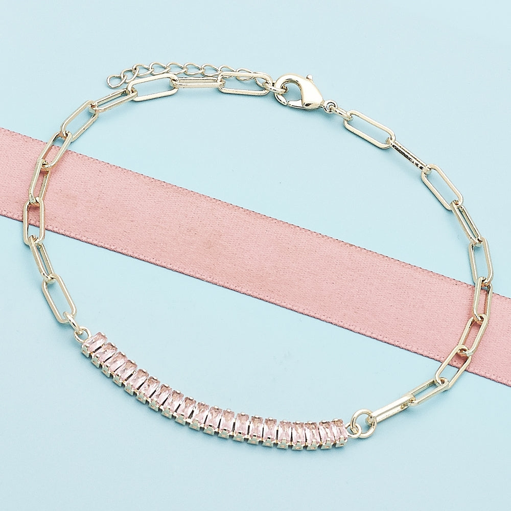 Oro Laminado Fancy Anklet, Gold Filled Style Paperclip and Baguette Design, with Pink Cubic Zirconia, Polished, Golden Finish