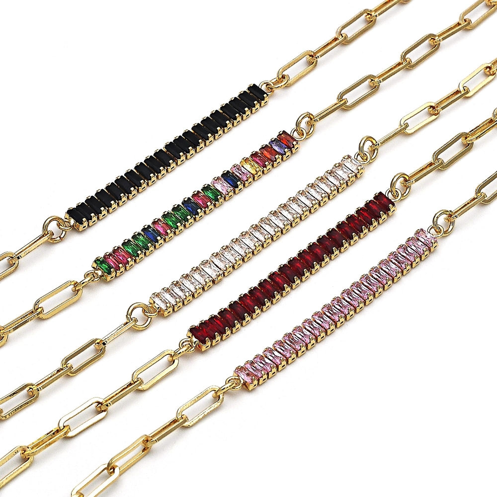 Oro Laminado Fancy Anklet, Gold Filled Style Paperclip and Baguette Design, with Pink Cubic Zirconia, Polished, Golden Finish