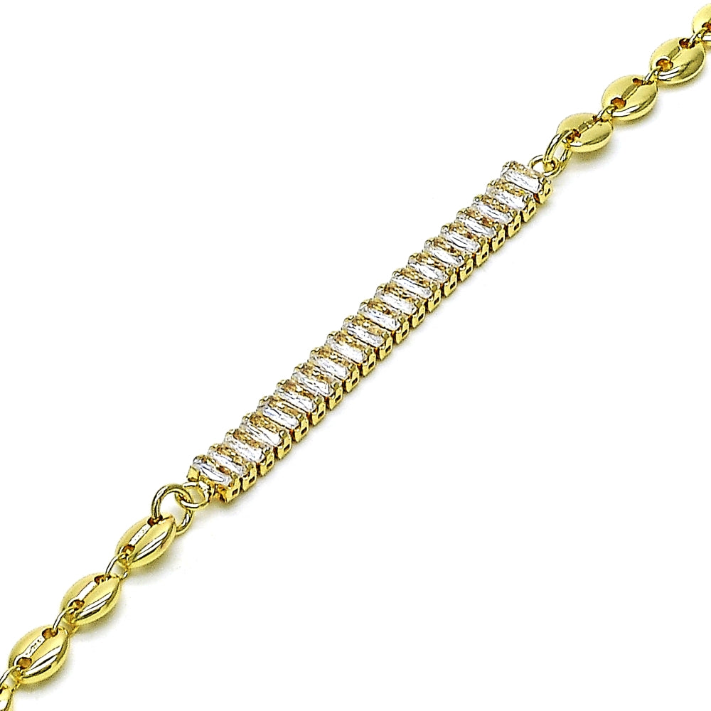 Oro Laminado Fancy Anklet, Gold Filled Style Puff Mariner and Baguette Design, with White Cubic Zirconia, Polished, Golden Finish