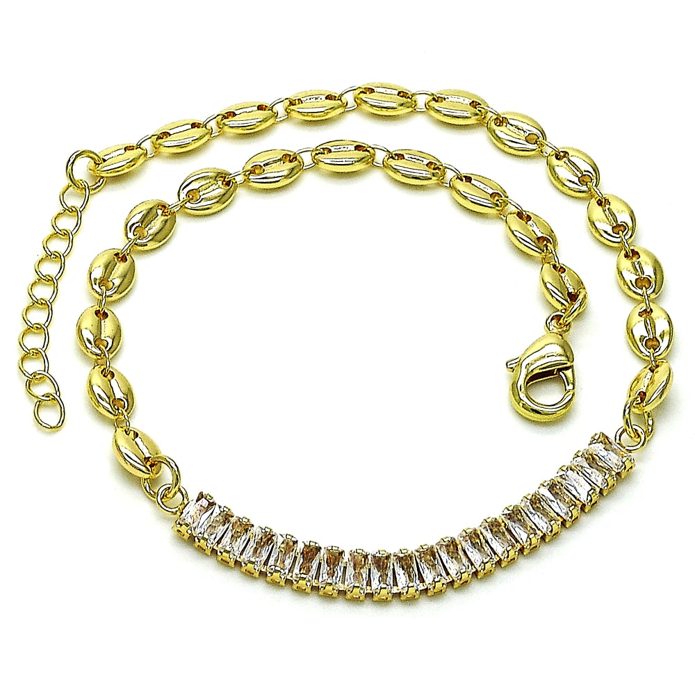 Oro Laminado Fancy Anklet, Gold Filled Style Puff Mariner and Baguette Design, with White Cubic Zirconia, Polished, Golden Finish