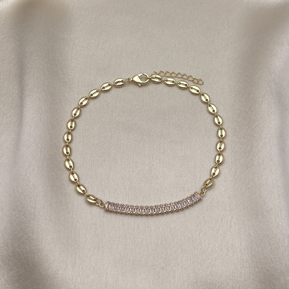 Oro Laminado Fancy Anklet, Gold Filled Style Puff Mariner and Baguette Design, with White Cubic Zirconia, Polished, Golden Finish