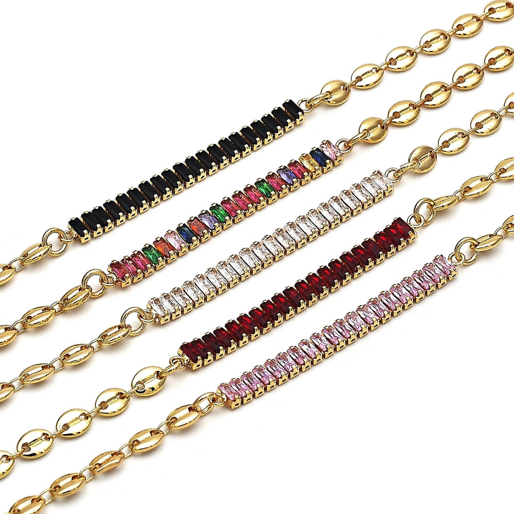 Oro Laminado Fancy Anklet, Gold Filled Style Puff Mariner and Baguette Design, with White Cubic Zirconia, Polished, Golden Finish