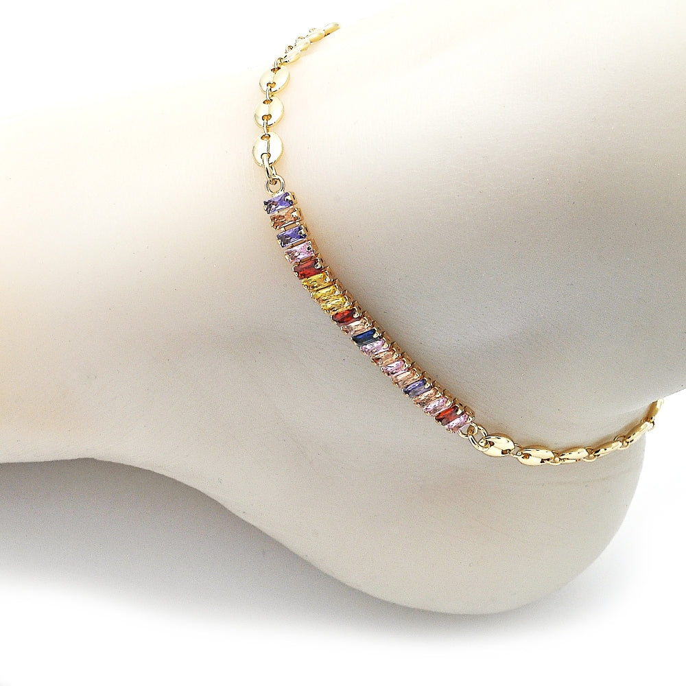 Oro Laminado Fancy Anklet, Gold Filled Style Puff Mariner and Baguette Design, with Multicolor Cubic Zirconia, Polished, Golden Finish