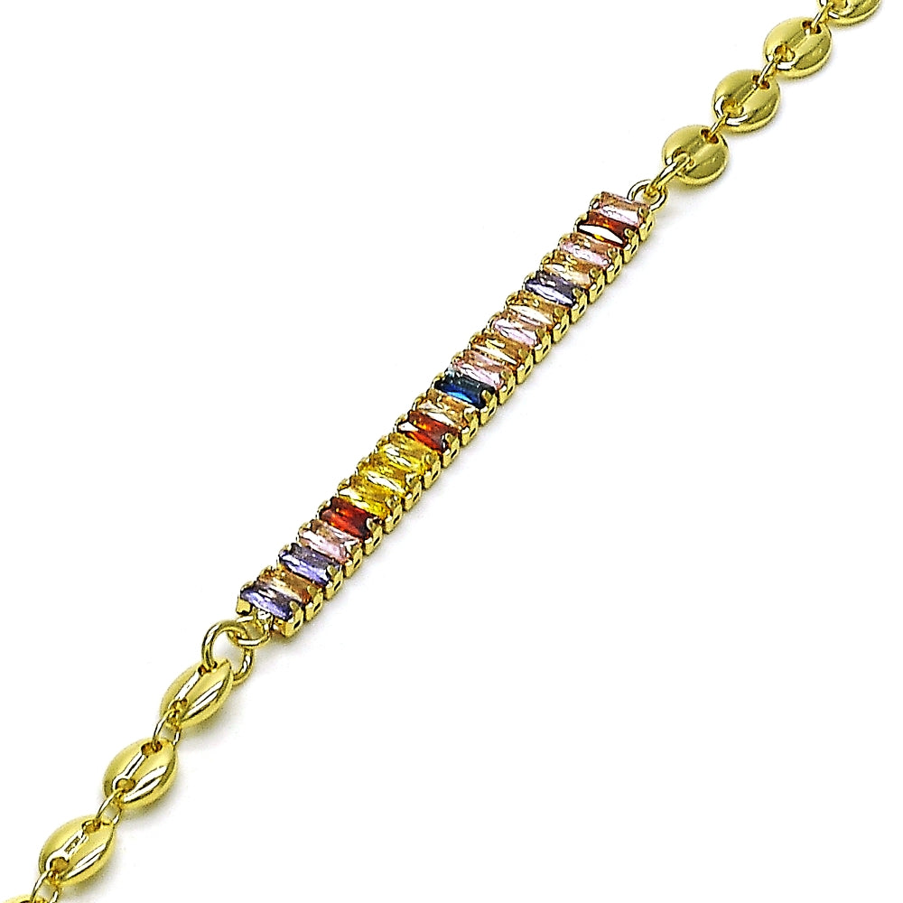 Oro Laminado Fancy Anklet, Gold Filled Style Puff Mariner and Baguette Design, with Multicolor Cubic Zirconia, Polished, Golden Finish