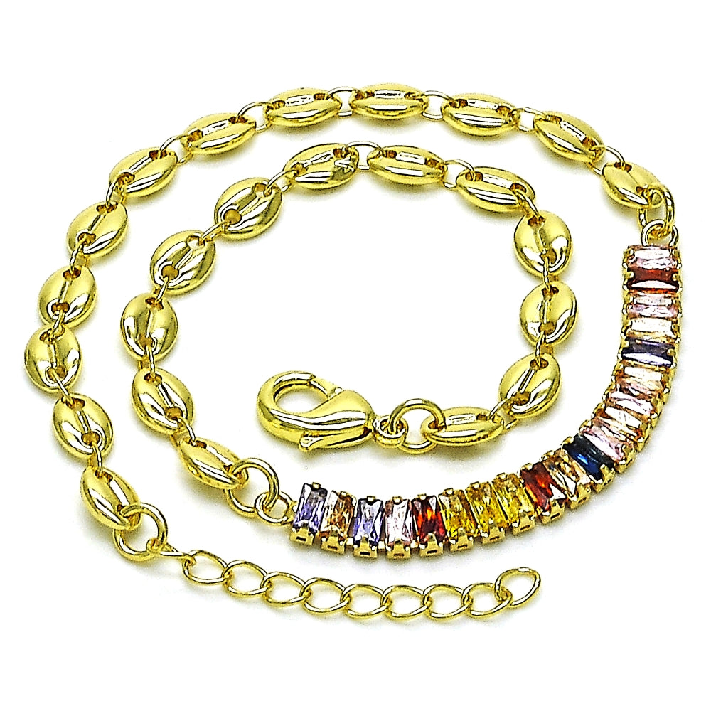 Oro Laminado Fancy Anklet, Gold Filled Style Puff Mariner and Baguette Design, with Multicolor Cubic Zirconia, Polished, Golden Finish