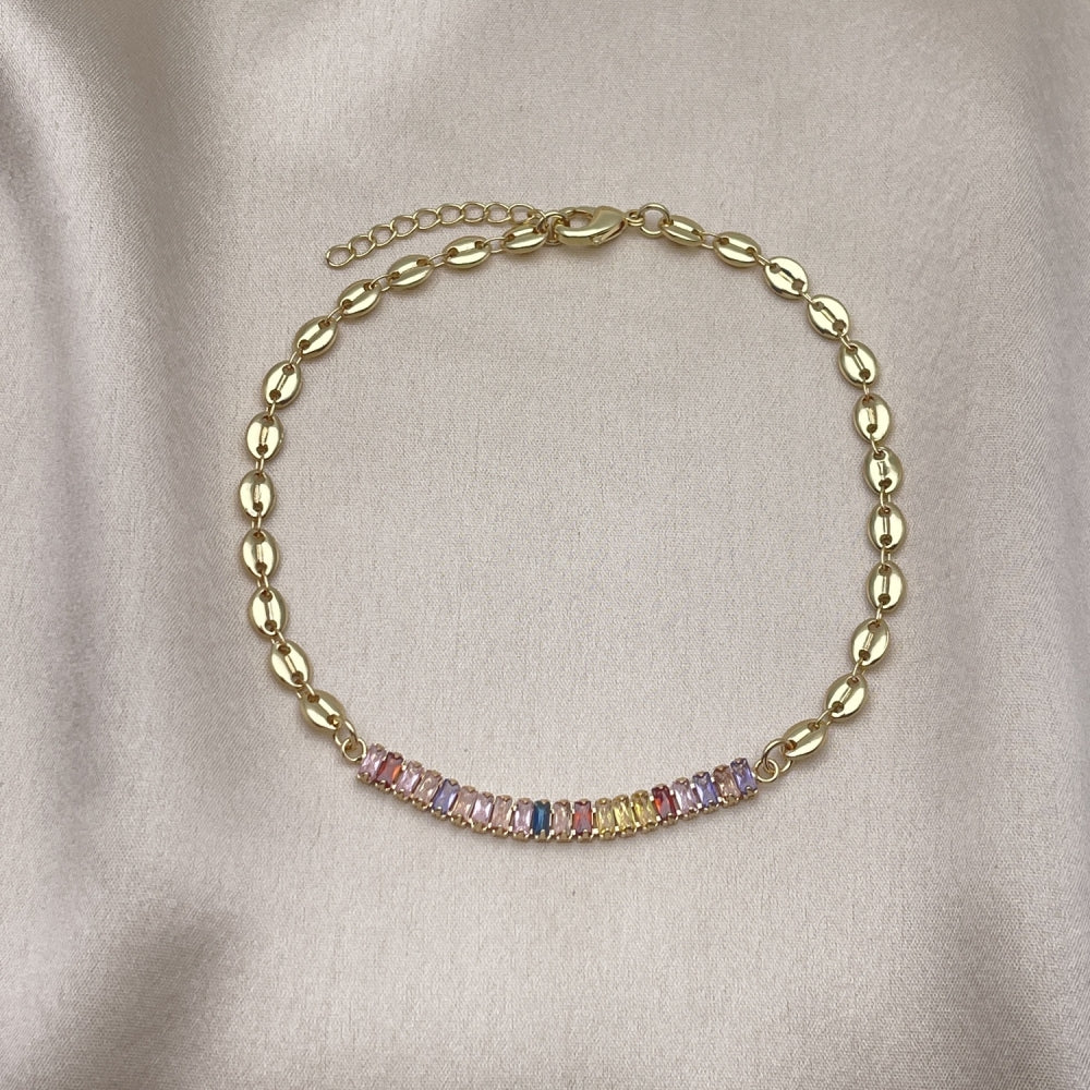 Oro Laminado Fancy Anklet, Gold Filled Style Puff Mariner and Baguette Design, with Multicolor Cubic Zirconia, Polished, Golden Finish