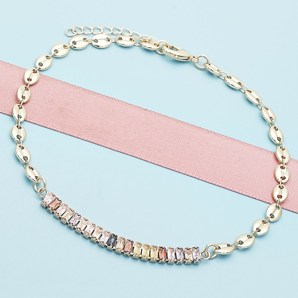 Oro Laminado Fancy Anklet, Gold Filled Style Puff Mariner and Baguette Design, with Multicolor Cubic Zirconia, Polished, Golden Finish