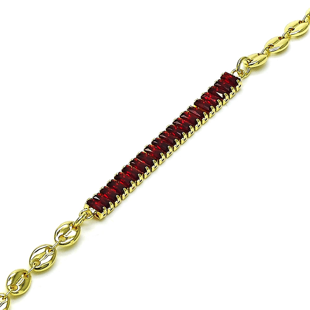 Oro Laminado Fancy Anklet, Gold Filled Style Puff Mariner and Baguette Design, with Garnet Cubic Zirconia, Polished, Golden Finish