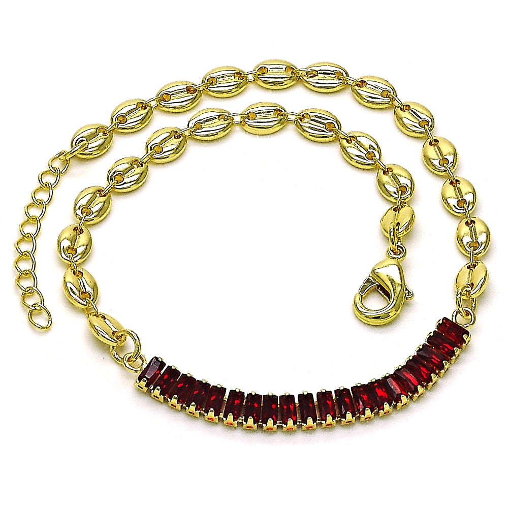 Oro Laminado Fancy Anklet, Gold Filled Style Puff Mariner and Baguette Design, with Garnet Cubic Zirconia, Polished, Golden Finish