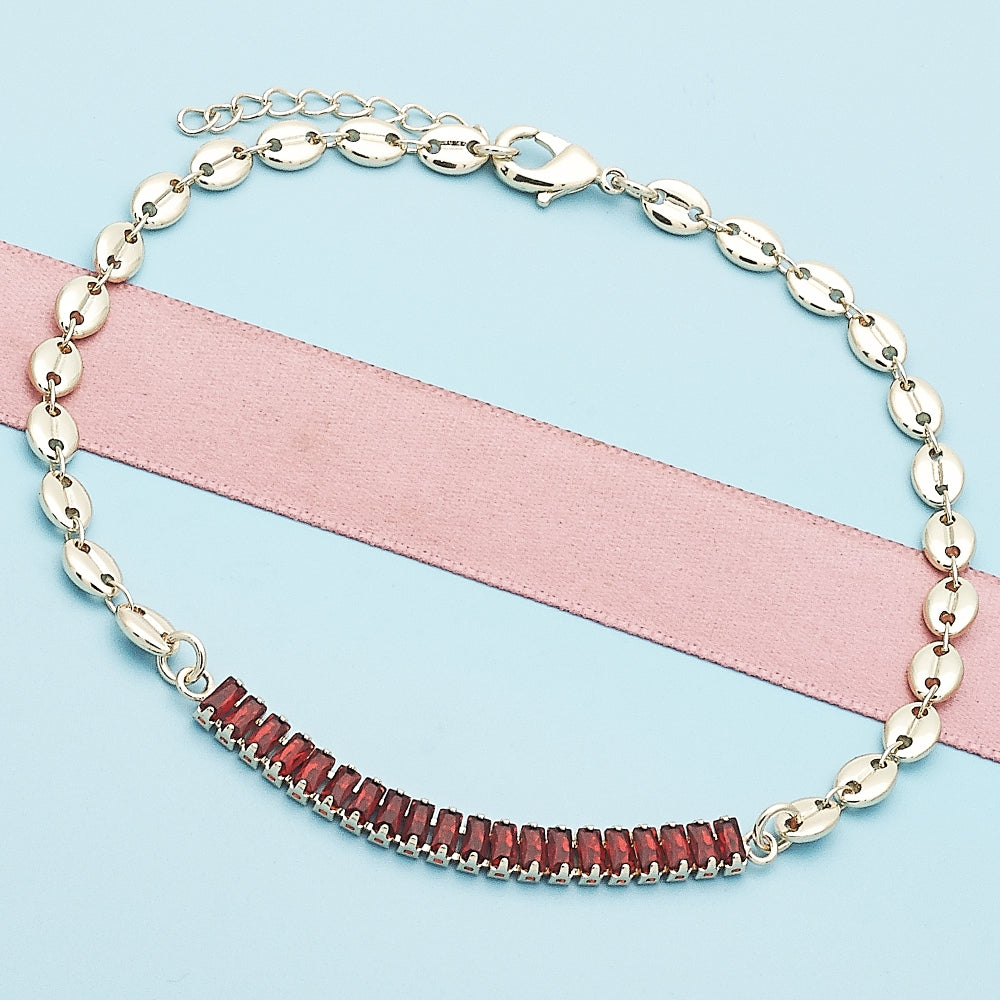 Oro Laminado Fancy Anklet, Gold Filled Style Puff Mariner and Baguette Design, with Garnet Cubic Zirconia, Polished, Golden Finish