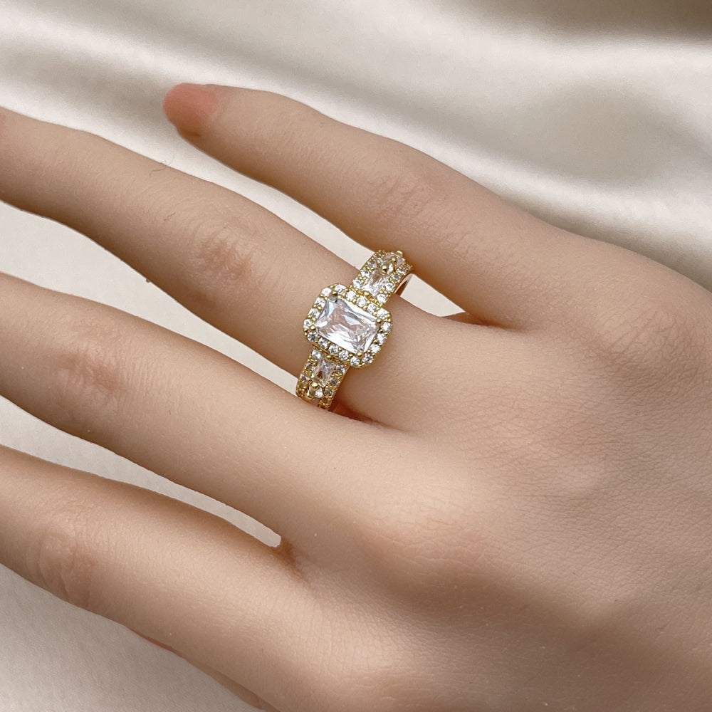 Oro Laminado Multi Stone Ring, Gold Filled Style Baguette Design, with White Cubic Zirconia and White Micro Pave, Polished, Golden Finish