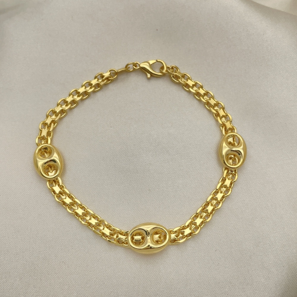 Oro Laminado Fancy Bracelet, Gold Filled Style Puff Mariner and Bismark Design, Polished, Golden Finish