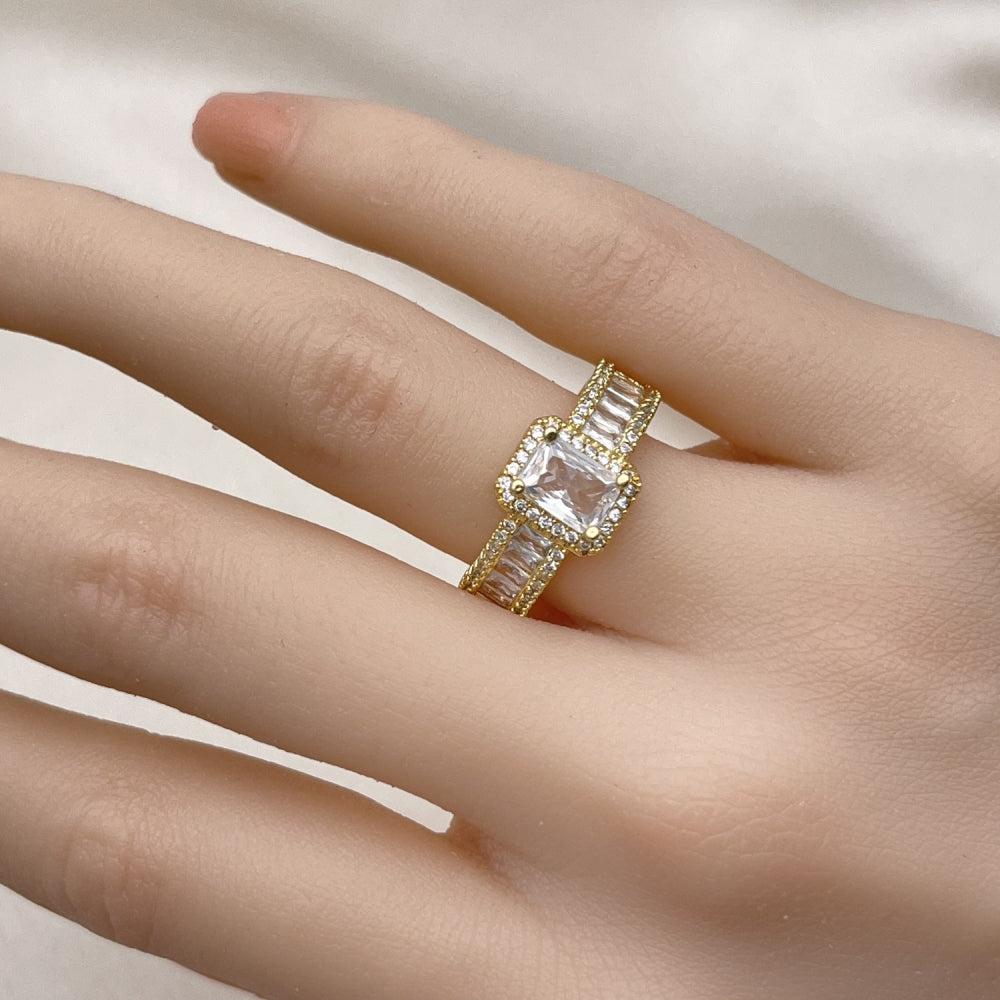 Oro Laminado Multi Stone Ring, Gold Filled Style Baguette Design, with White Cubic Zirconia and White Micro Pave, Polished, Golden Finish