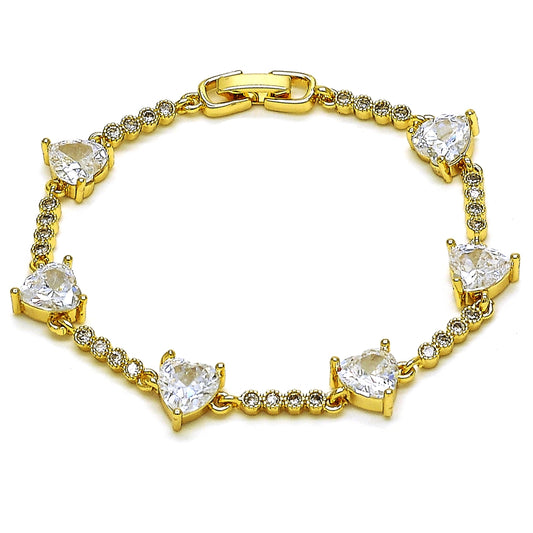 Oro Laminado Fancy Bracelet, Gold Filled Style Heart Design, with White Cubic Zirconia, Polished, Golden Finish