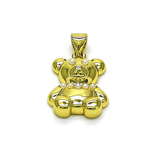 Oro Laminado Fancy Pendant, Gold Filled Style Teddy Bear Design, with Ivory Pearl, Polished, Golden Finish