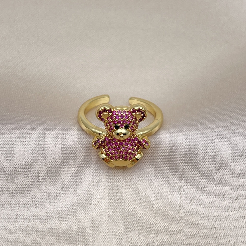 Oro Laminado Multi Stone Ring, Gold Filled Style Teddy Bear Design, with Ruby and Black Micro Pave, Polished, Golden Finish