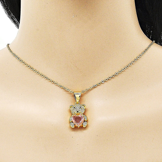 Oro Laminado Fancy Pendant, Gold Filled Style Teddy Bear and Heart Design, with Pink Cubic Zirconia and White Micro Pave, Polished, Golden Finish