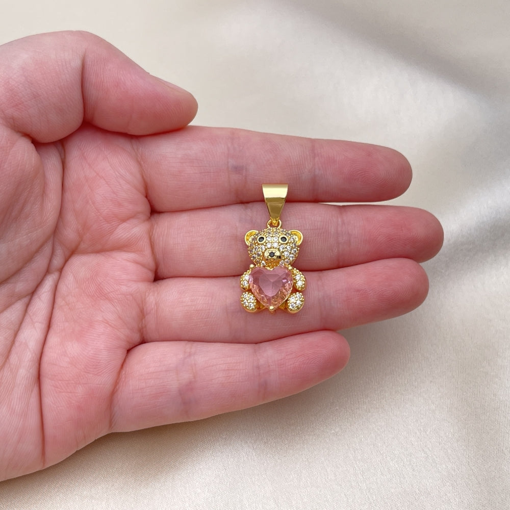 Oro Laminado Fancy Pendant, Gold Filled Style Teddy Bear and Heart Design, with Pink Cubic Zirconia and White Micro Pave, Polished, Golden Finish