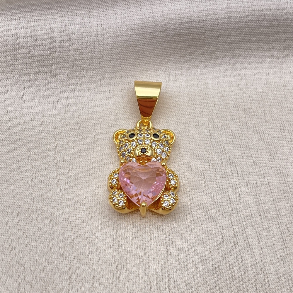 Oro Laminado Fancy Pendant, Gold Filled Style Teddy Bear and Heart Design, with Pink Cubic Zirconia and White Micro Pave, Polished, Golden Finish