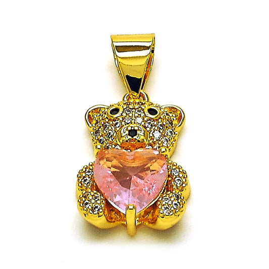 Oro Laminado Fancy Pendant, Gold Filled Style Teddy Bear and Heart Design, with Pink Cubic Zirconia and White Micro Pave, Polished, Golden Finish