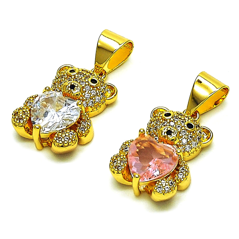 Oro Laminado Fancy Pendant, Gold Filled Style Teddy Bear and Heart Design, with Pink Cubic Zirconia and White Micro Pave, Polished, Golden Finish