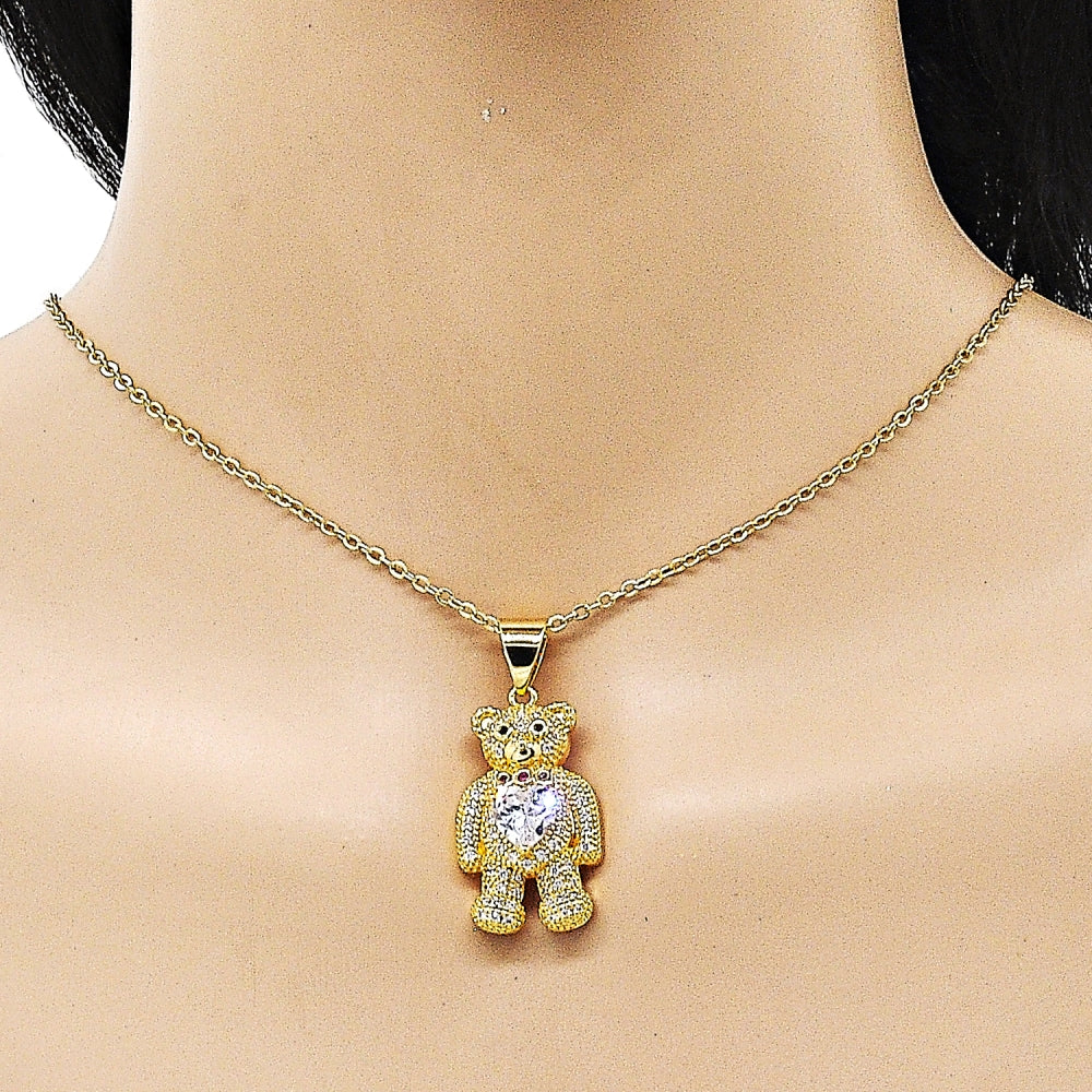 Oro Laminado Fancy Pendant, Gold Filled Style Teddy Bear and Heart Design, with White Cubic Zirconia and White Micro Pave, Polished, Golden Finish