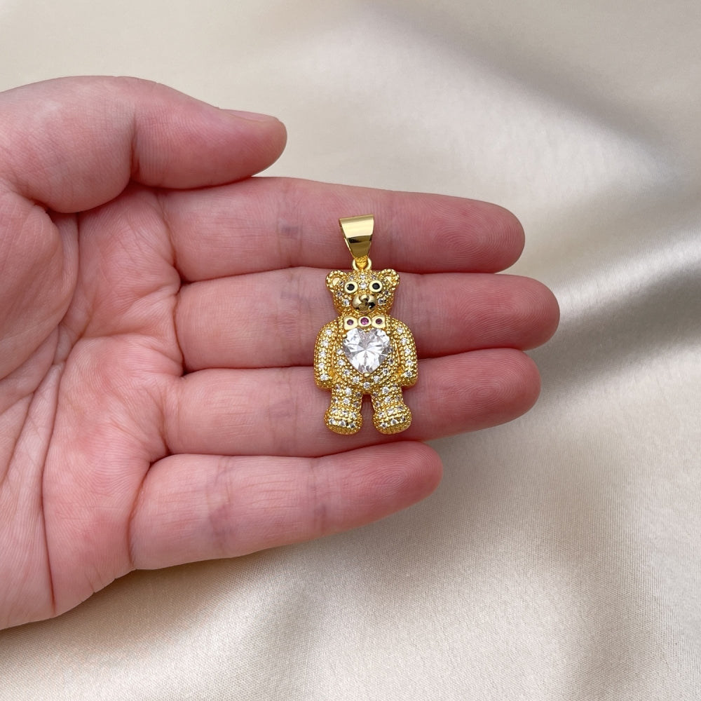 Oro Laminado Fancy Pendant, Gold Filled Style Teddy Bear and Heart Design, with White Cubic Zirconia and White Micro Pave, Polished, Golden Finish