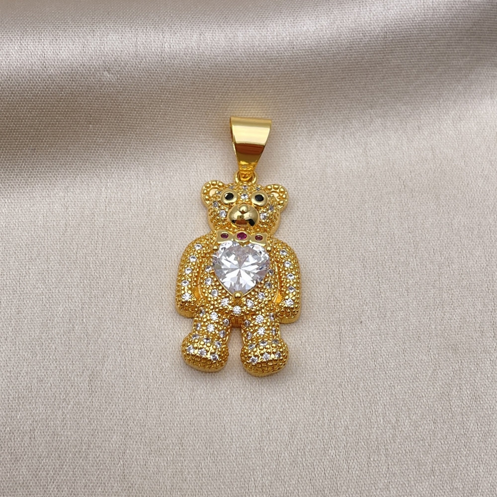 Oro Laminado Fancy Pendant, Gold Filled Style Teddy Bear and Heart Design, with White Cubic Zirconia and White Micro Pave, Polished, Golden Finish