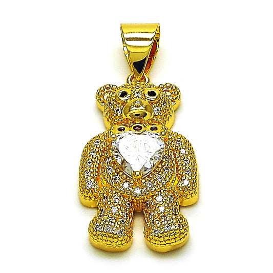 Oro Laminado Fancy Pendant, Gold Filled Style Teddy Bear and Heart Design, with White Cubic Zirconia and White Micro Pave, Polished, Golden Finish