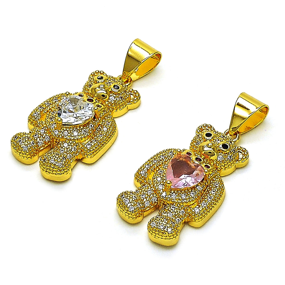 Oro Laminado Fancy Pendant, Gold Filled Style Teddy Bear and Heart Design, with White Cubic Zirconia and White Micro Pave, Polished, Golden Finish