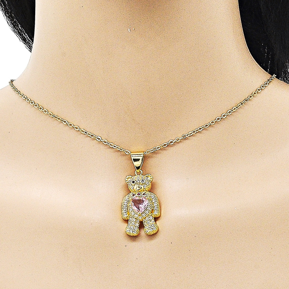 Oro Laminado Fancy Pendant, Gold Filled Style Teddy Bear and Heart Design, with Pink Cubic Zirconia and White Micro Pave, Polished, Golden Finish