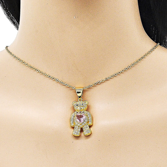 Oro Laminado Fancy Pendant, Gold Filled Style Teddy Bear and Heart Design, with Pink Cubic Zirconia and White Micro Pave, Polished, Golden Finish