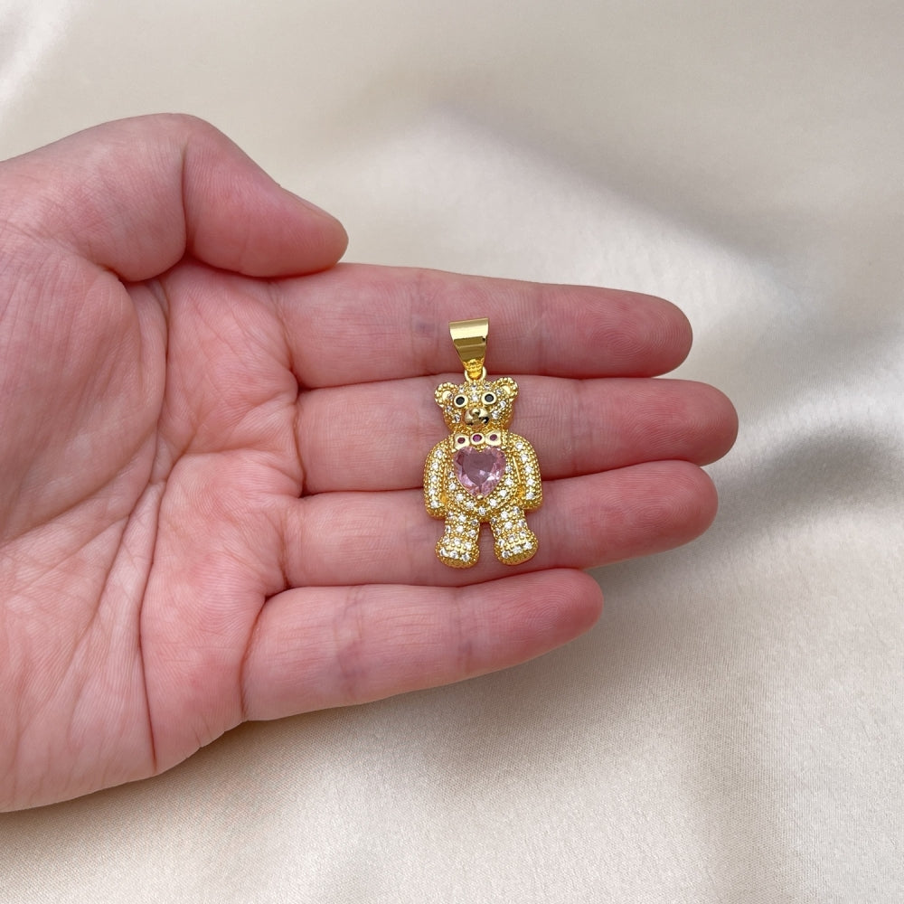 Oro Laminado Fancy Pendant, Gold Filled Style Teddy Bear and Heart Design, with Pink Cubic Zirconia and White Micro Pave, Polished, Golden Finish