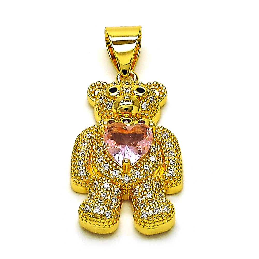 Oro Laminado Fancy Pendant, Gold Filled Style Teddy Bear and Heart Design, with Pink Cubic Zirconia and White Micro Pave, Polished, Golden Finish