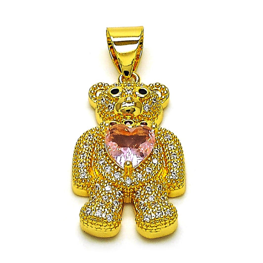 Oro Laminado Fancy Pendant, Gold Filled Style Teddy Bear and Heart Design, with Pink Cubic Zirconia and White Micro Pave, Polished, Golden Finish