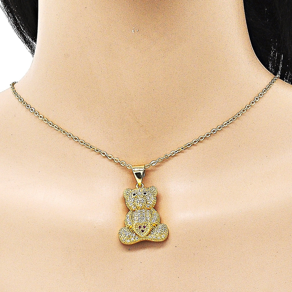 Oro Laminado Fancy Pendant, Gold Filled Style Teddy Bear and Heart Design, with White and Black Micro Pave, Polished, Golden Finish