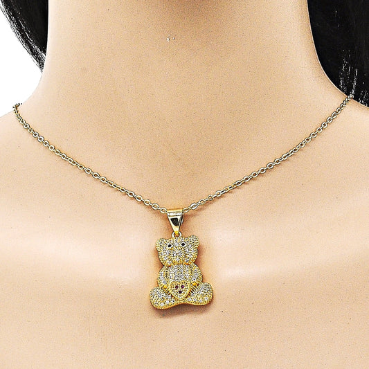 Oro Laminado Fancy Pendant, Gold Filled Style Teddy Bear and Heart Design, with White and Black Micro Pave, Polished, Golden Finish