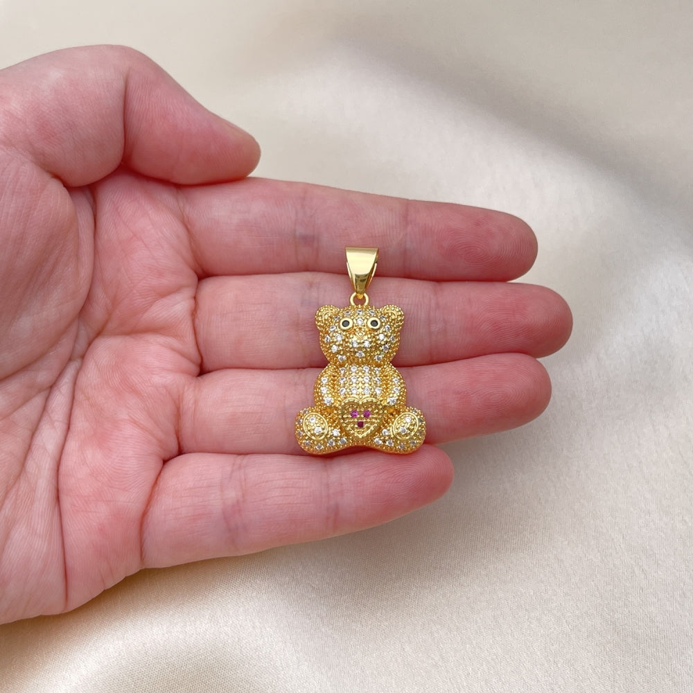 Oro Laminado Fancy Pendant, Gold Filled Style Teddy Bear and Heart Design, with White and Black Micro Pave, Polished, Golden Finish