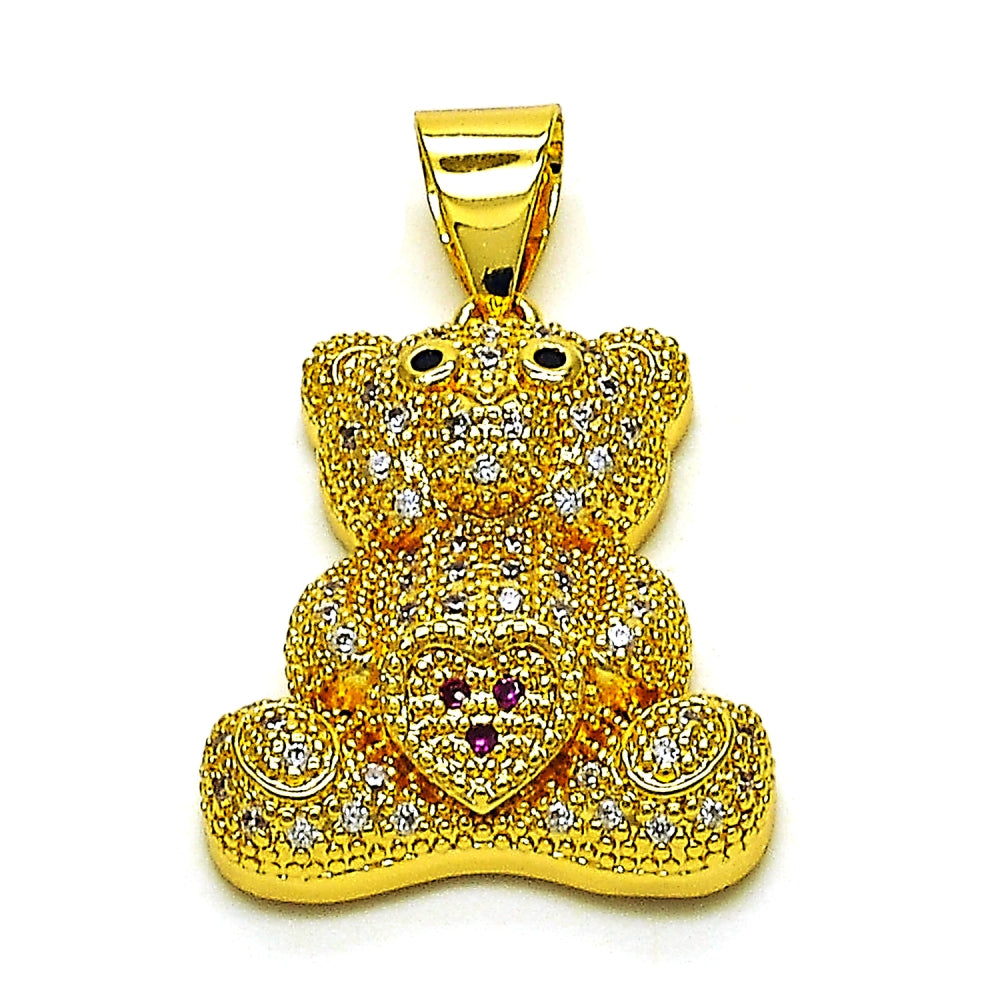 Oro Laminado Fancy Pendant, Gold Filled Style Teddy Bear and Heart Design, with White and Black Micro Pave, Polished, Golden Finish