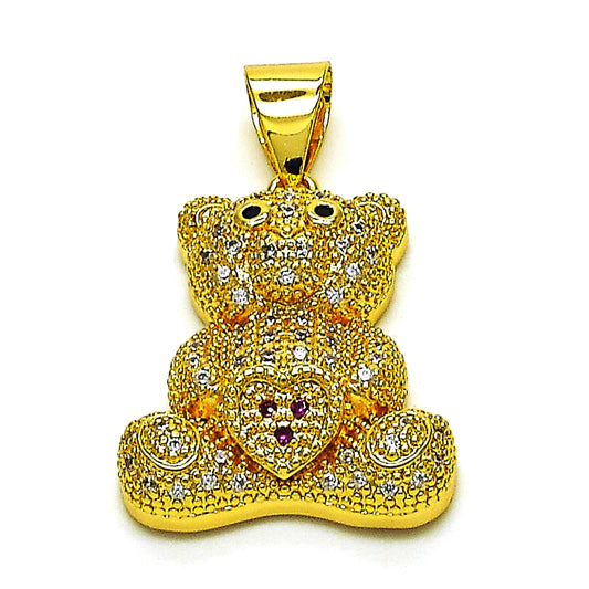 Oro Laminado Fancy Pendant, Gold Filled Style Teddy Bear and Heart Design, with White and Black Micro Pave, Polished, Golden Finish