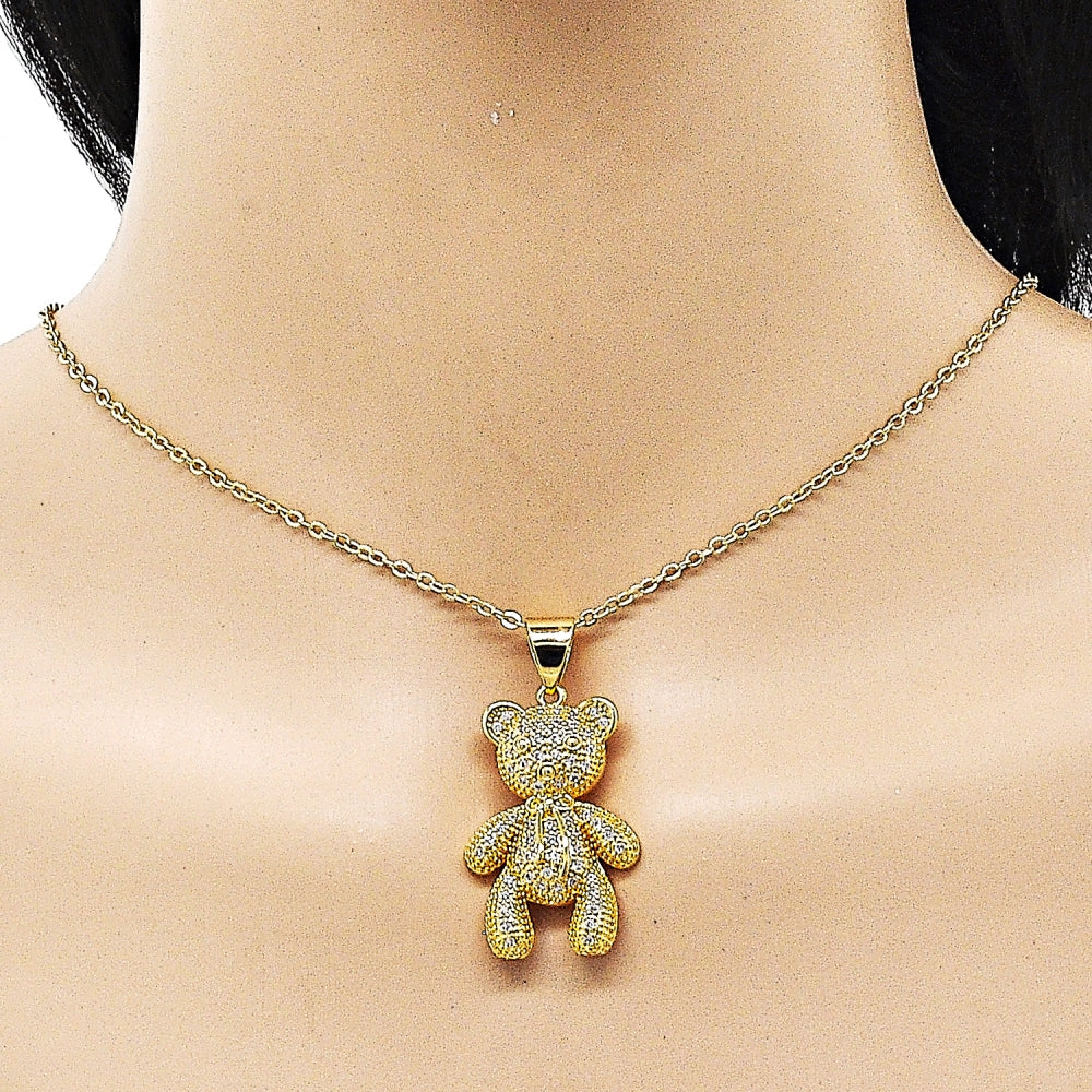 Oro Laminado Fancy Pendant, Gold Filled Style Teddy Bear and Bow Design, with White Micro Pave, Polished, Golden Finish