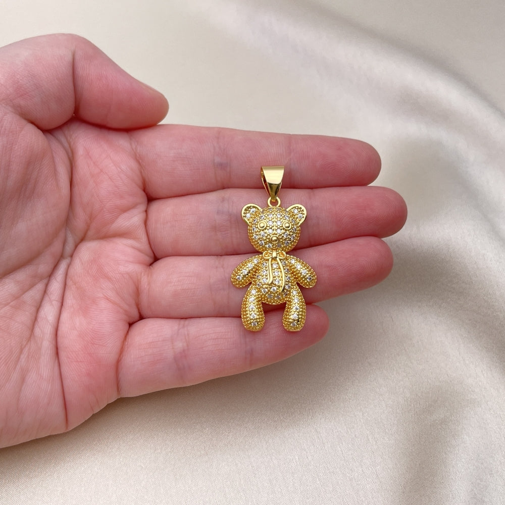 Oro Laminado Fancy Pendant, Gold Filled Style Teddy Bear and Bow Design, with White Micro Pave, Polished, Golden Finish