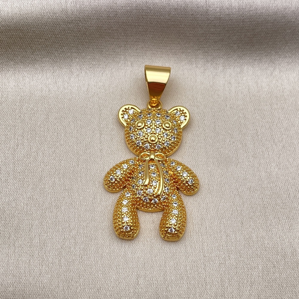 Oro Laminado Fancy Pendant, Gold Filled Style Teddy Bear and Bow Design, with White Micro Pave, Polished, Golden Finish