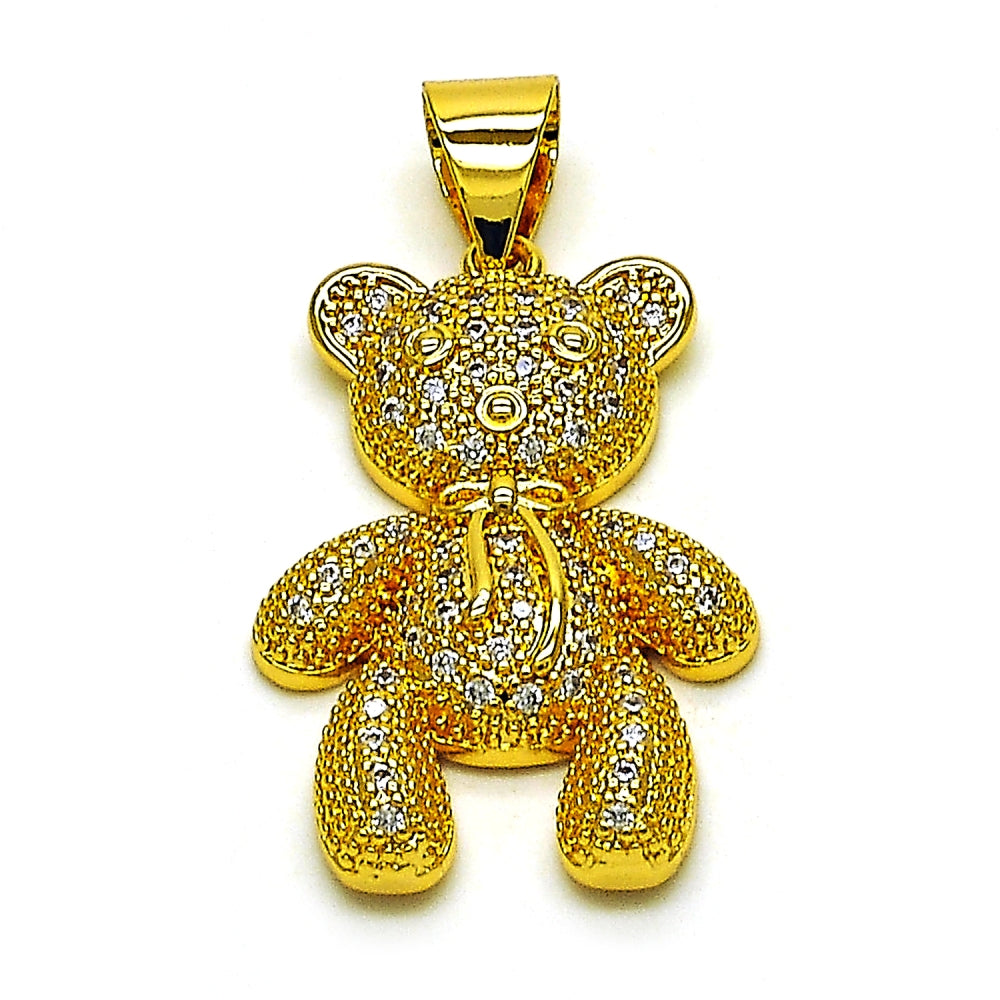 Oro Laminado Fancy Pendant, Gold Filled Style Teddy Bear and Bow Design, with White Micro Pave, Polished, Golden Finish