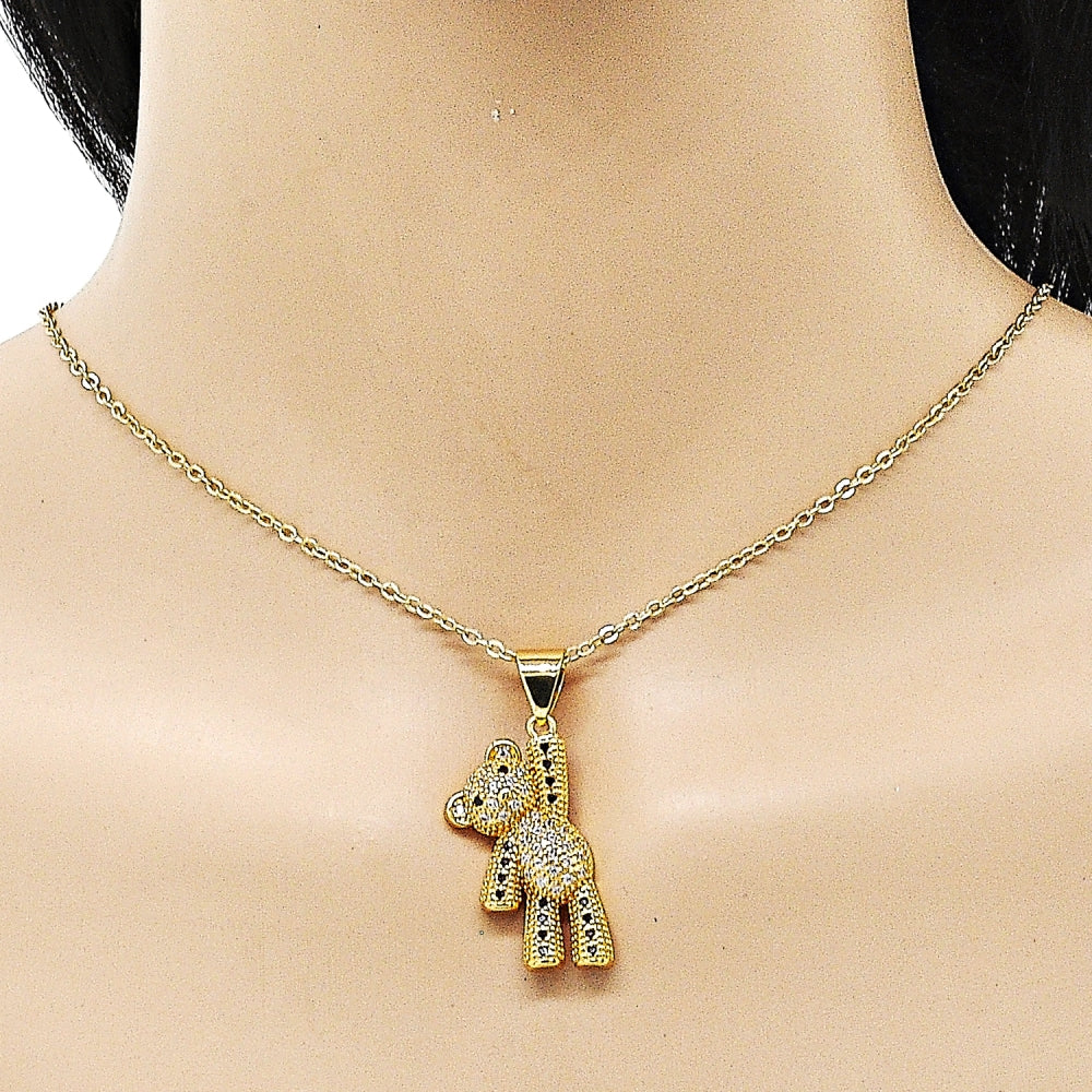Oro Laminado Fancy Pendant, Gold Filled Style Teddy Bear Design, with White and Black Micro Pave, Polished, Golden Finish