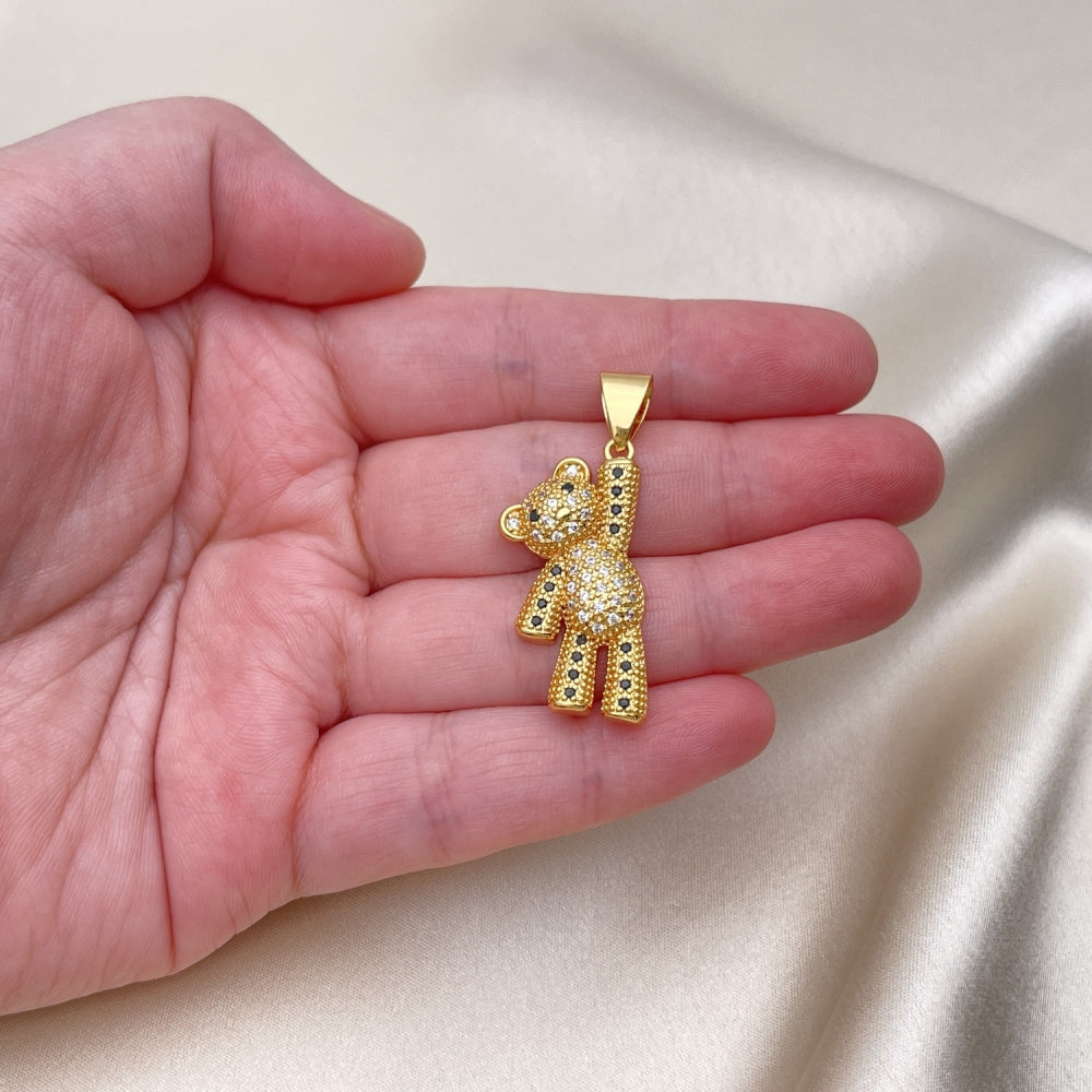 Oro Laminado Fancy Pendant, Gold Filled Style Teddy Bear Design, with White and Black Micro Pave, Polished, Golden Finish